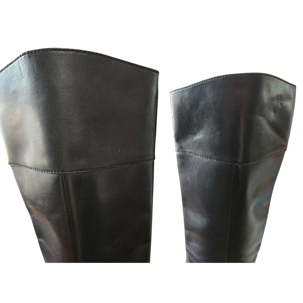 Michael Kors Black Leather Tall Riding Boots Silver MK Logo Medallion Womens 7M